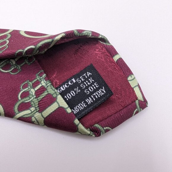 Gucci 100% Silk Made in Italy Luxury Tie Horsebit Maroon Red Pale Green - Picture 5 of 6